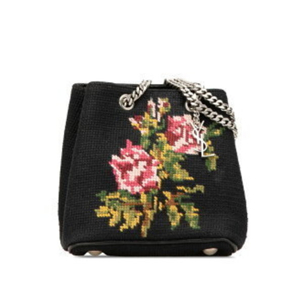 Saint Laurent Flower Motif Chain Shoulder Bag Black Multicolor Canvas - Picture 1 of 8